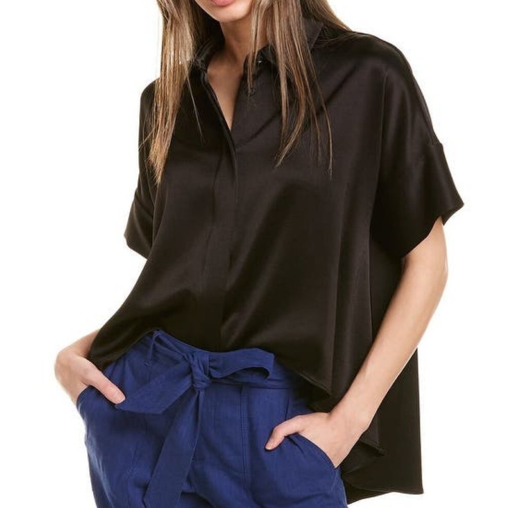 Alice + Olivia Black Satin Short-Sleeve Blouse